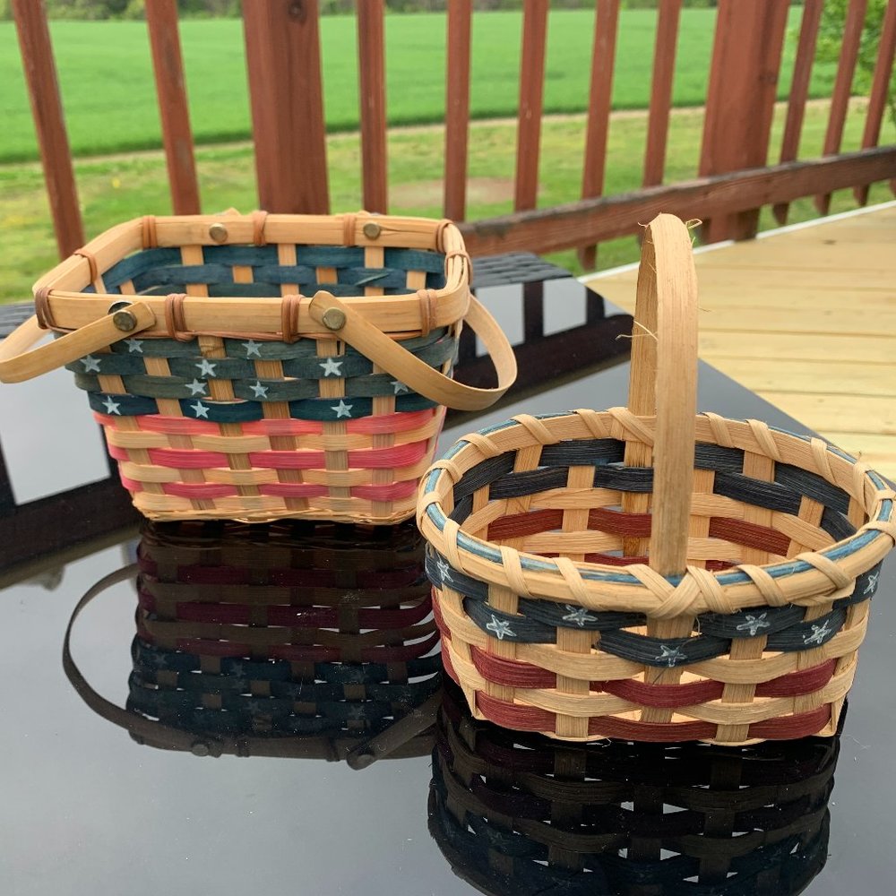 4th of July, 2 Patriotic Wicker Baskets -One Rectangle, One Oval - Stars/Stripes